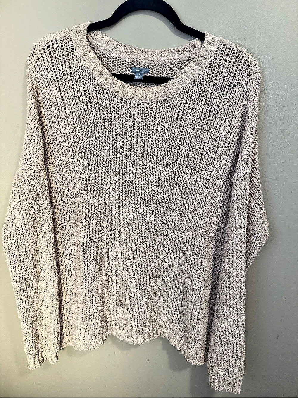 AERIE Women's Open Knit Oversized Pullover Sweater Cotton Boho Beige MEDIUM M